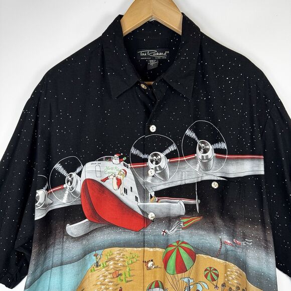 Vintage Tori Richard Christmas Map Shirt Mens Large Santa Seaplane Holiday Aloha - Picture 2 of 13
